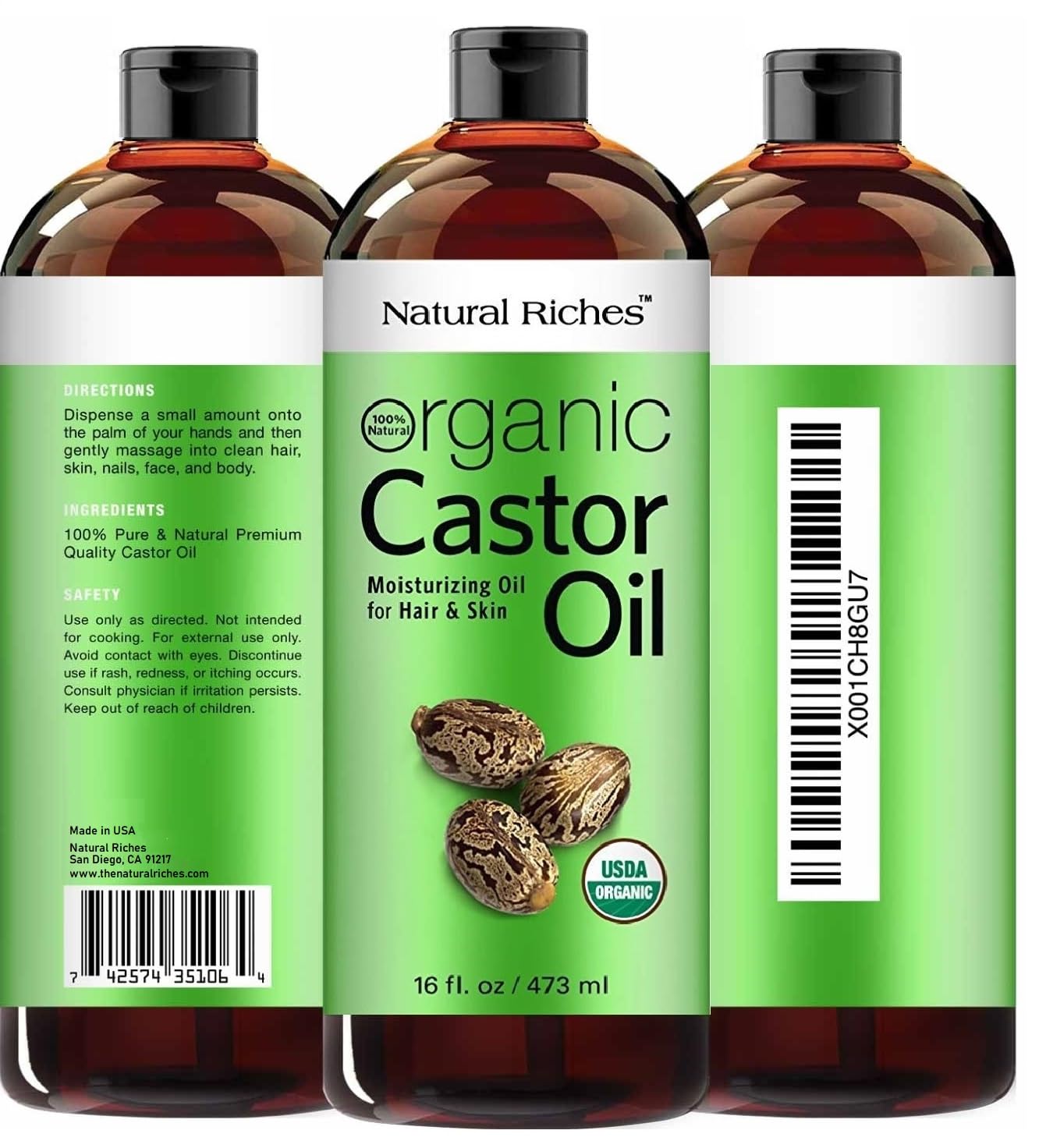 Natural Riches Aceite de Ricino Etiqueta Orgánica, uso suave en piel y cabello