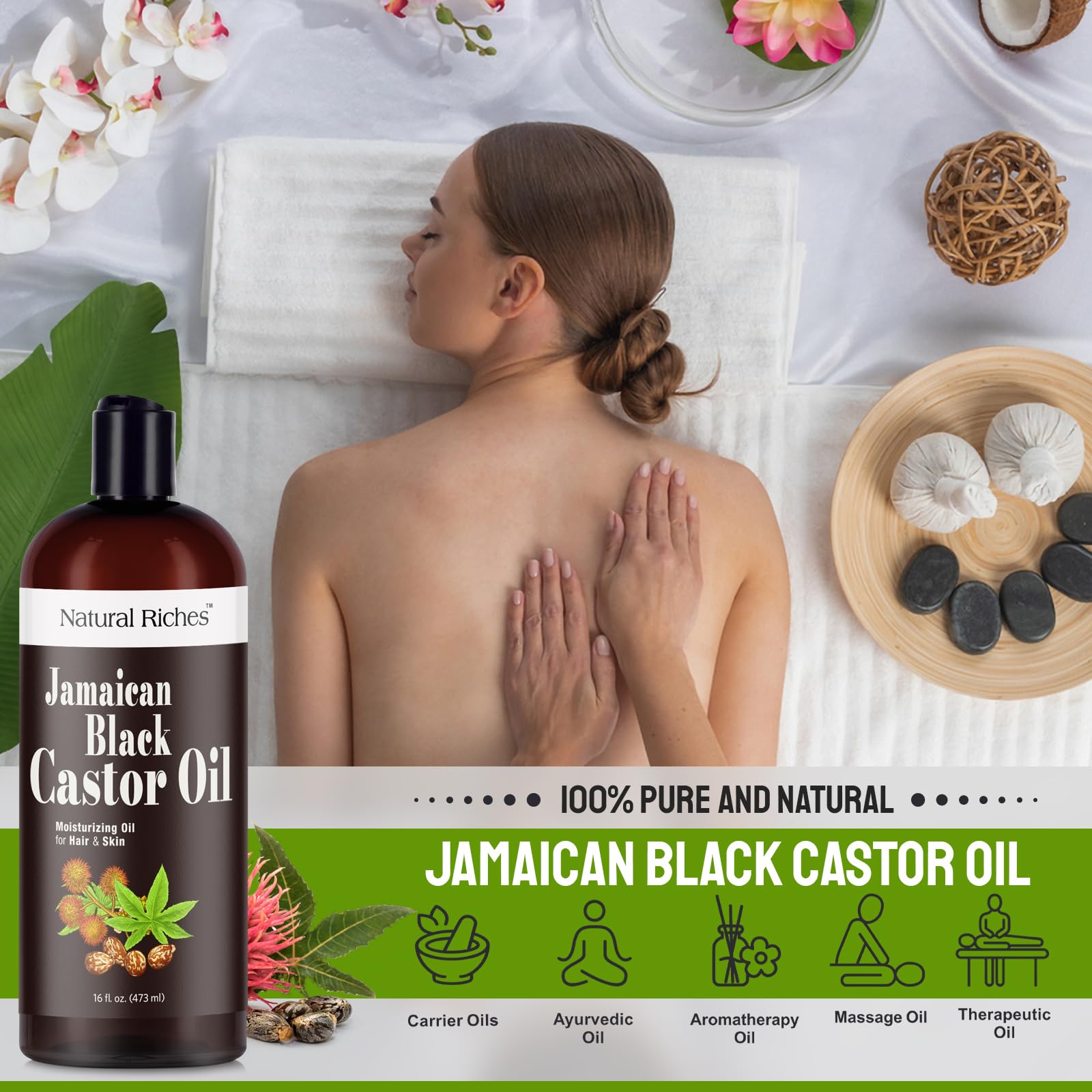Natural Riches Aceite Negro Jamaicano, masaje suave del cuero cabelludo para nutrición.