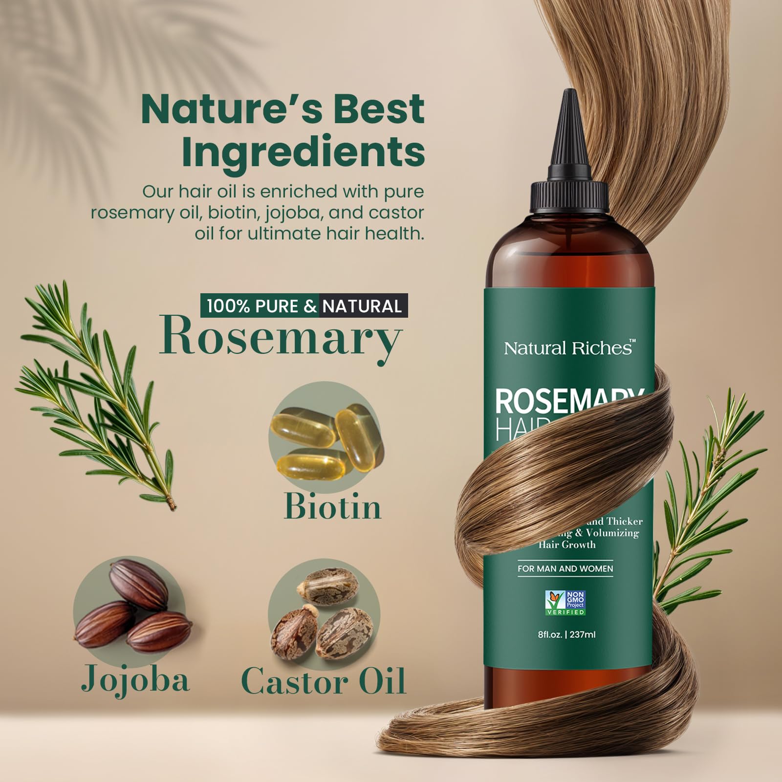 Natural Riches etiqueta del producto mostrando ingredientes clave