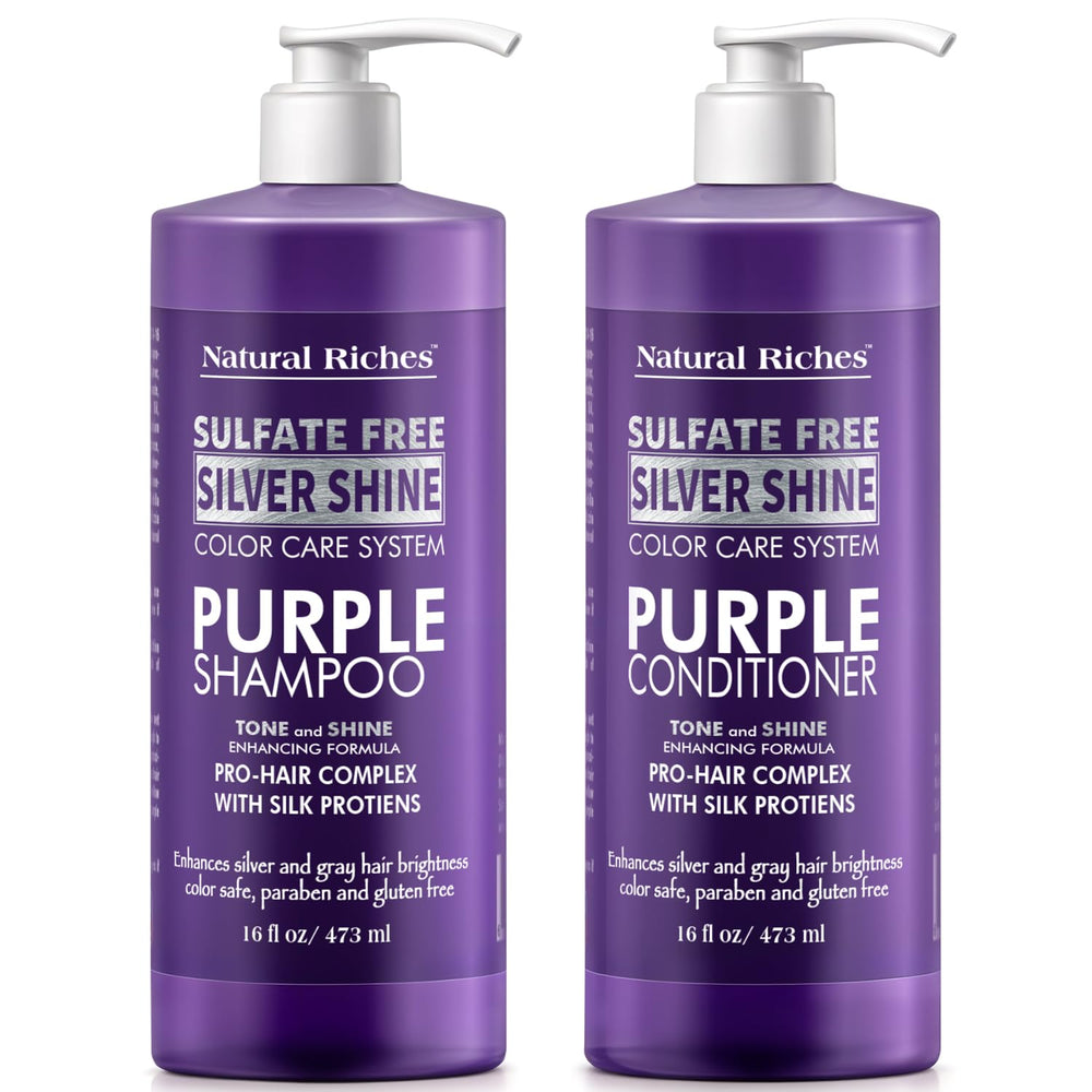 Natural Riches champú morado en botella, neutraliza amarillentos y realza tonos fríos.