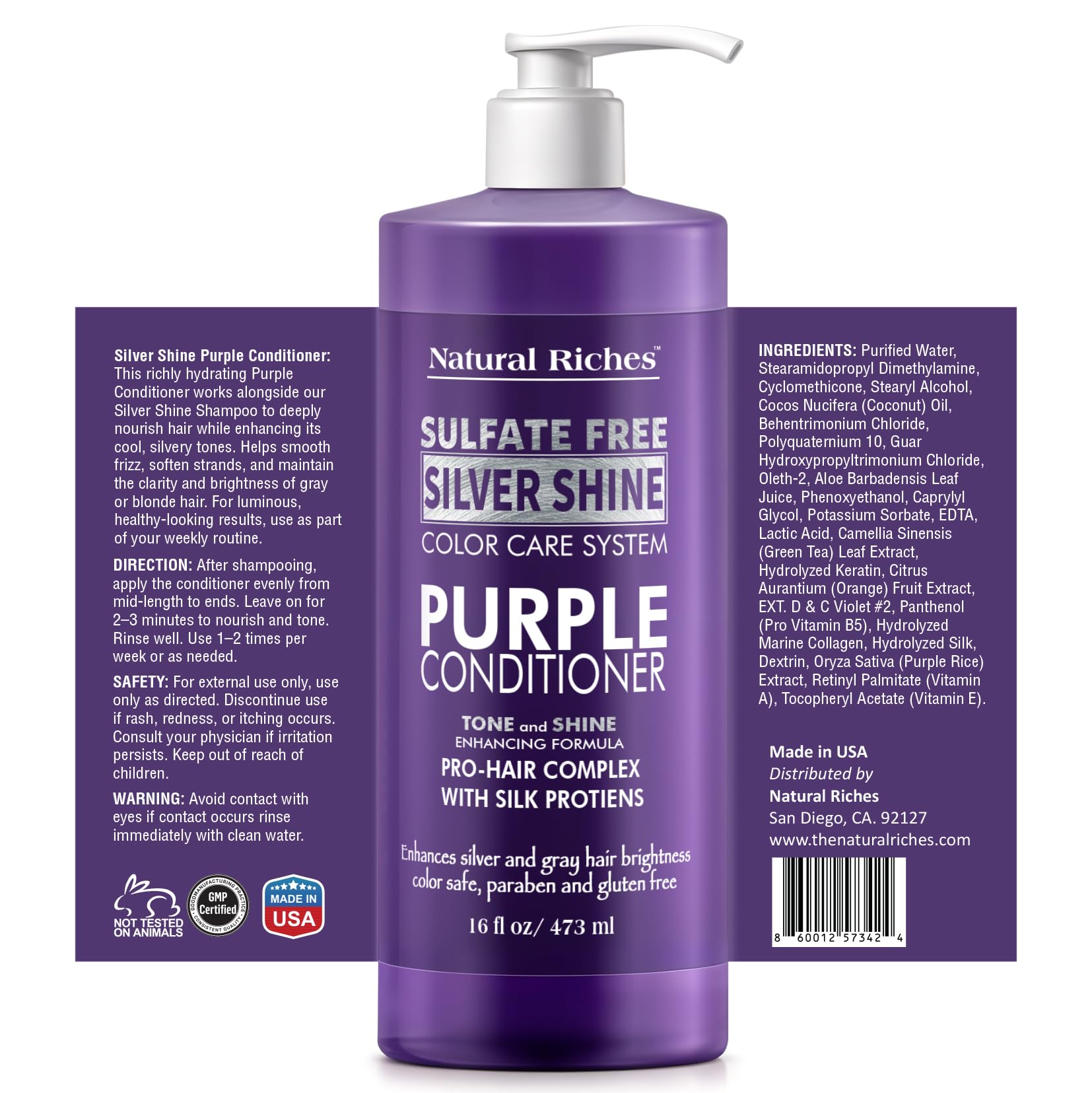 Natural Riches champú morado, etiqueta visible, realza brillo y cuida el color.