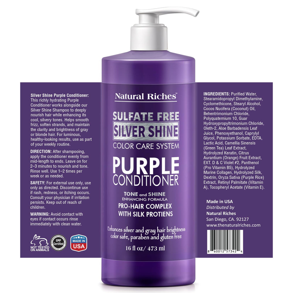 Natural Riches champú morado, etiqueta visible, realza brillo y cuida el color.