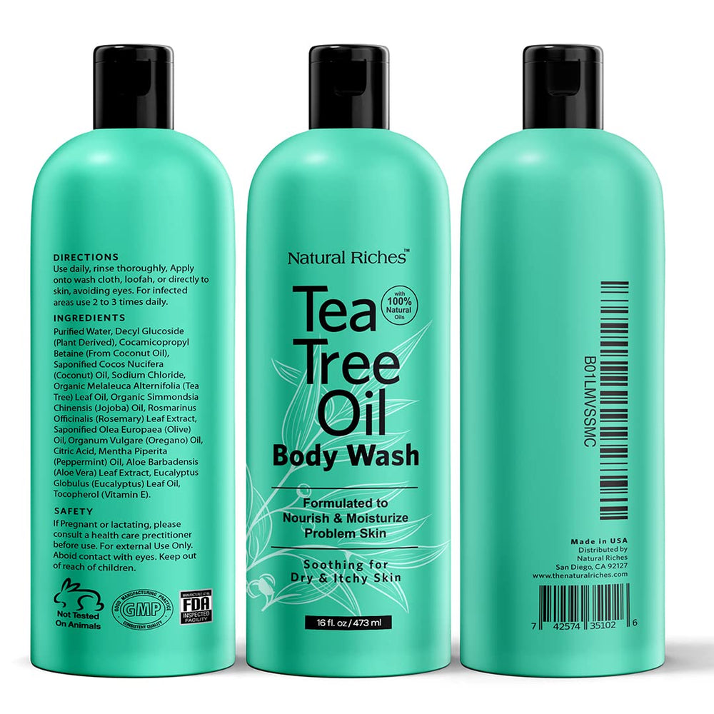 Natural Riches aceite de árbol de té, aplicación manual, masaje suave para una experiencia relajante.