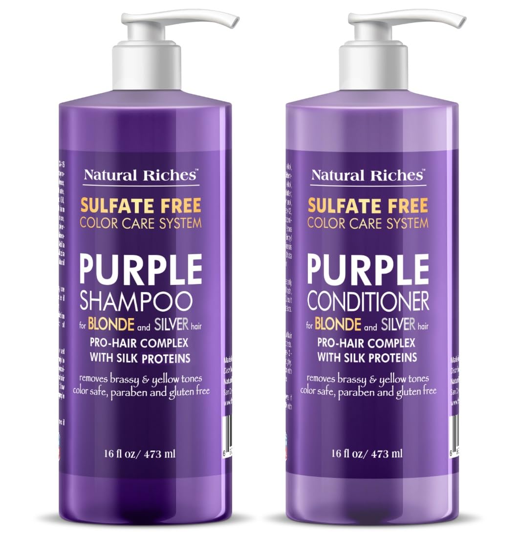 Natural Riches Purple Shampoo close-up bottle for brassy tone neutralization.