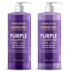 Natural Riches Purple Shampoo close-up bottle for brassy tone neutralization.