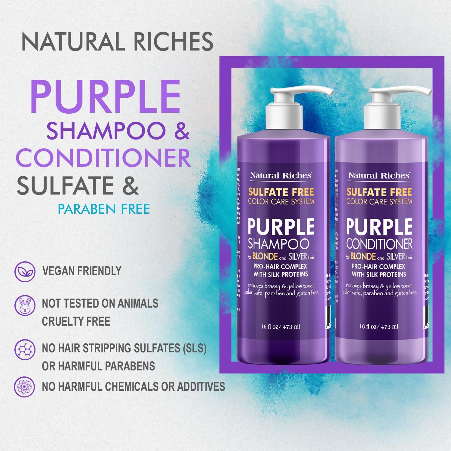 Natural Riches Purple Shampoo and Conditioner set packaging for daily routine.