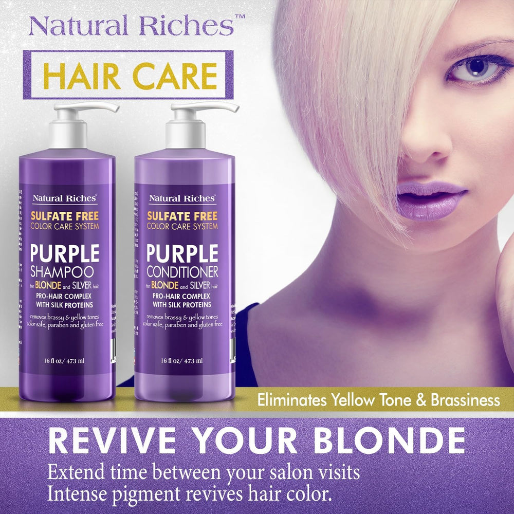 Natural Riches Purple Shampoo lather on hair to cool tones.