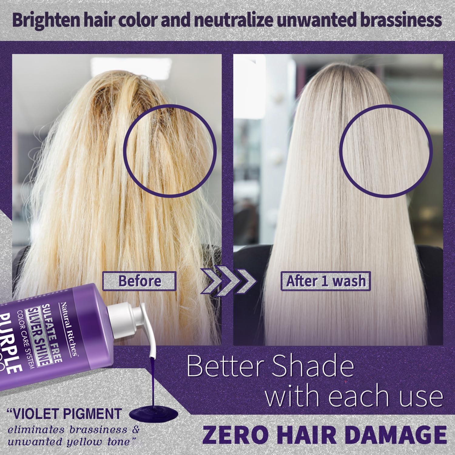 Natural Riches champú morado, textura cremosa que aporta suavidad al cabello.
