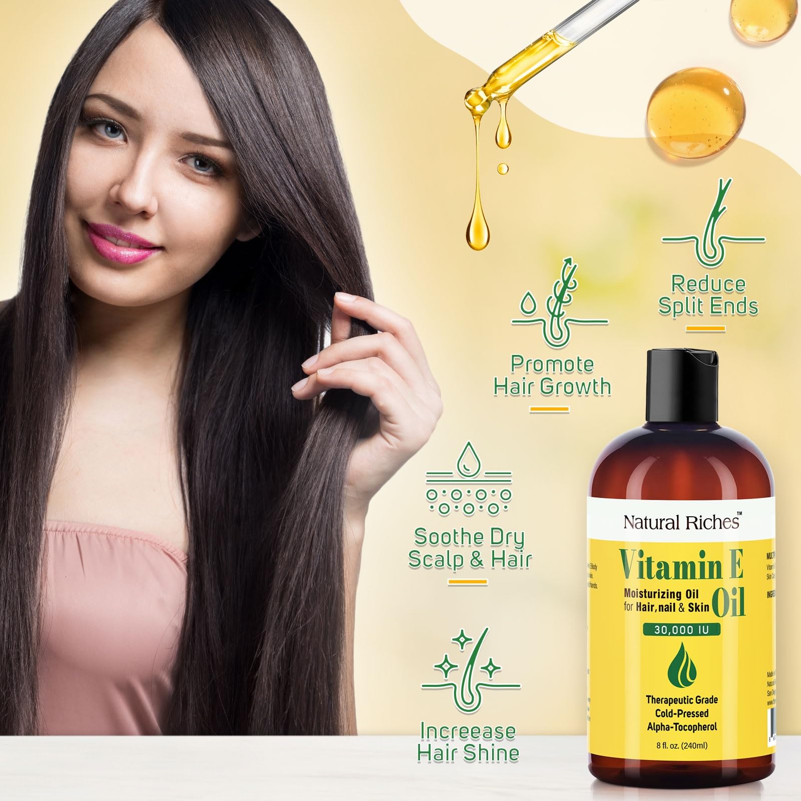Natural Riches Aceite de Vitamina E, cuidado del cabello para brillo