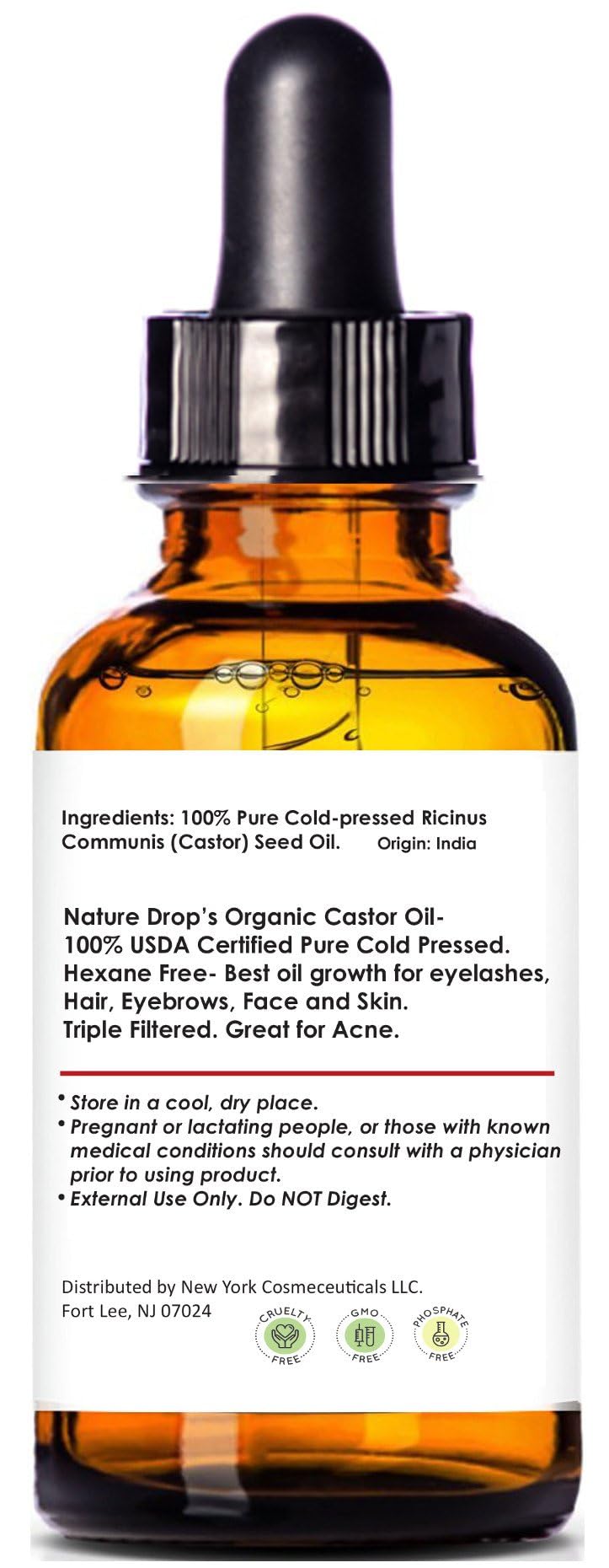 Nature Drop Aceite de Ricino Orgánico con gotero para aplicar en cabellos y cejas.
