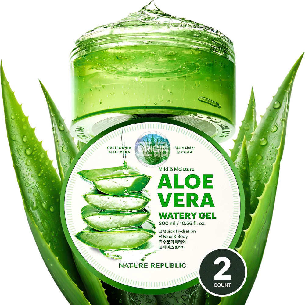 Nature Republic Aloe Vera Watery Gel bottle close-up for quick hydration.