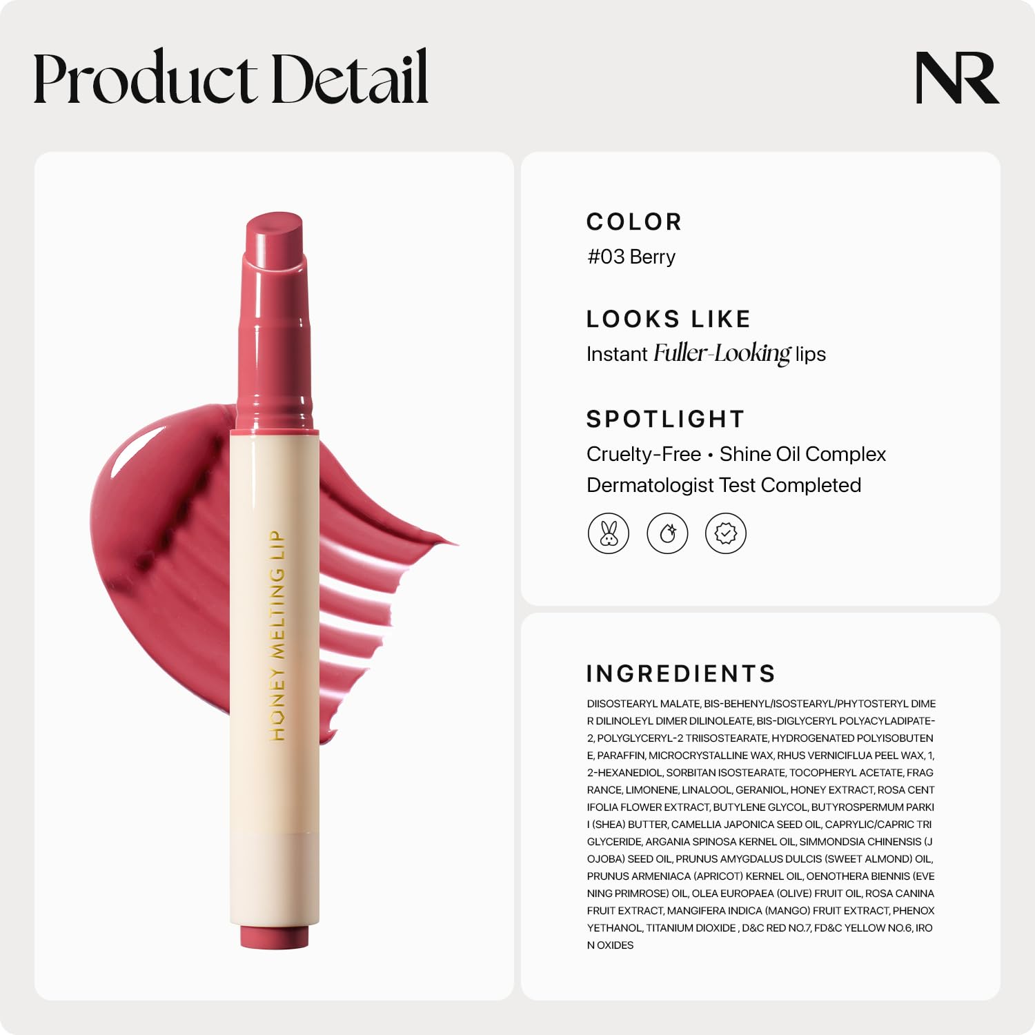 Nature Republic Honey Melting Lip 03 Berry: uso diario para labios nutridos y con brillo.