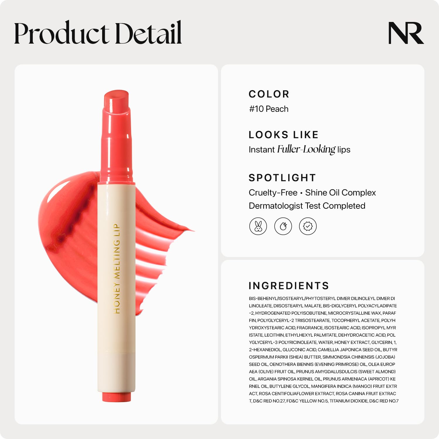Nature Republic Honey Melting Lip ingredientes clave: extracto de miel y complejo de aceites.