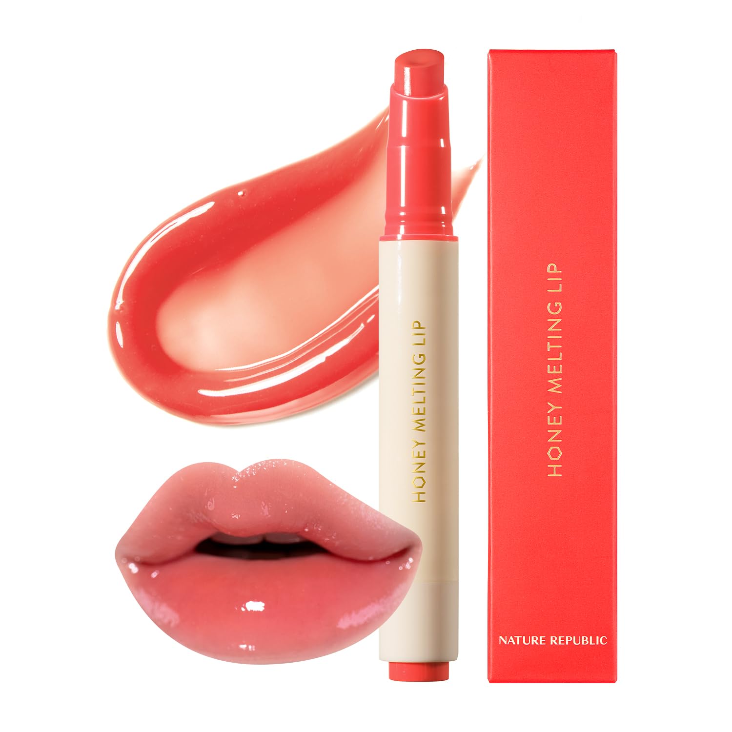Nature Republic Honey Melting Lip muestra textura miel suave para labios hidratados.