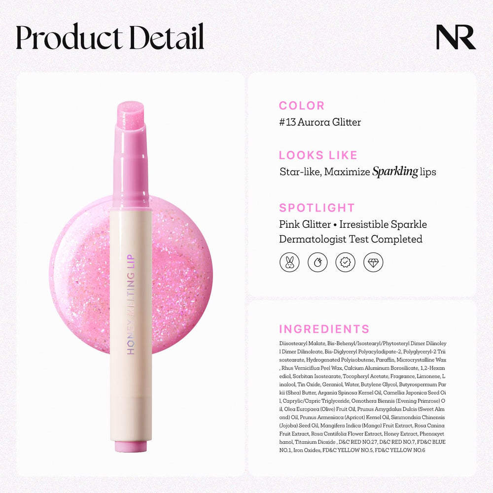 Nature Republic labial tono translúcido aurora13, realza el labio con brillo sutil.