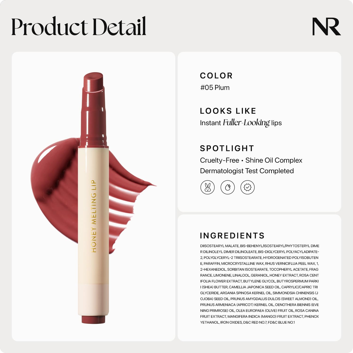 Nature Republic Lápiz Labial Derretido de Miel 05 Ciruela, muestra de aplicación y color