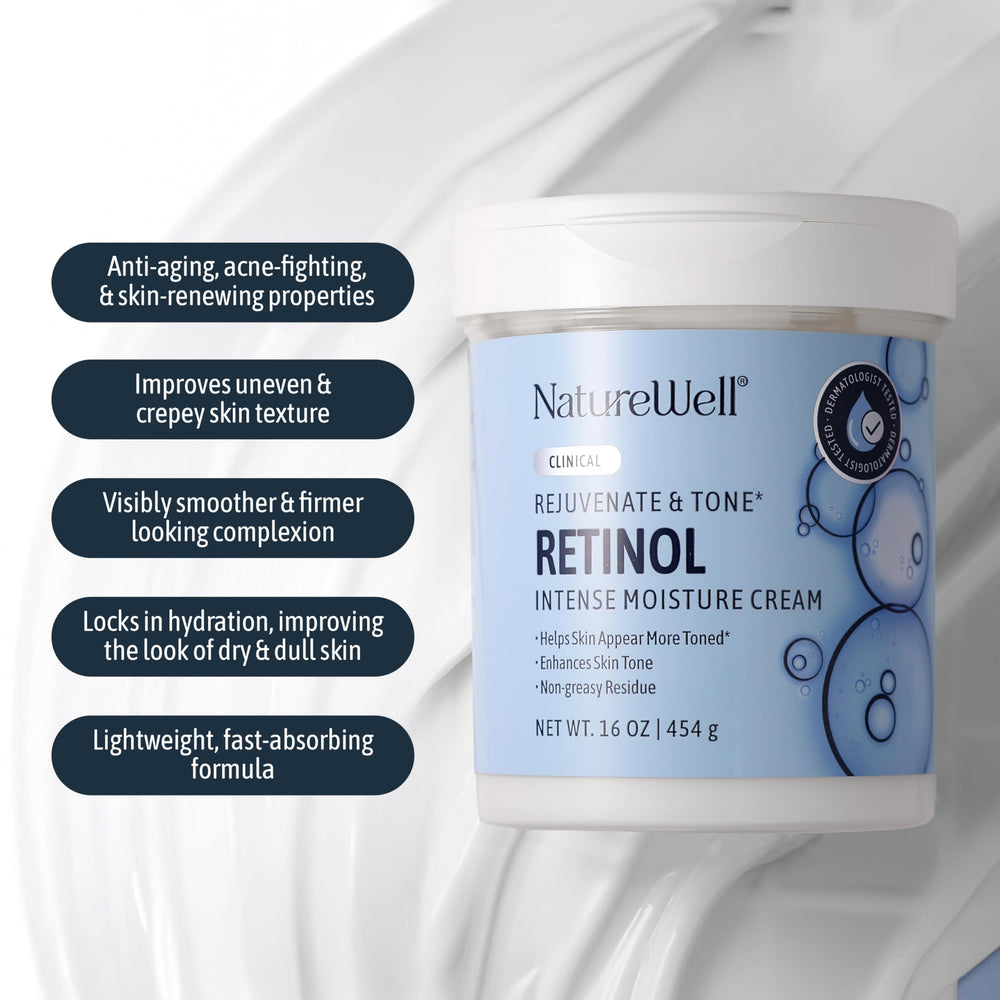 Nature Well clinical rejuvenate tone retinol body bottle ideal for all-over hydration.