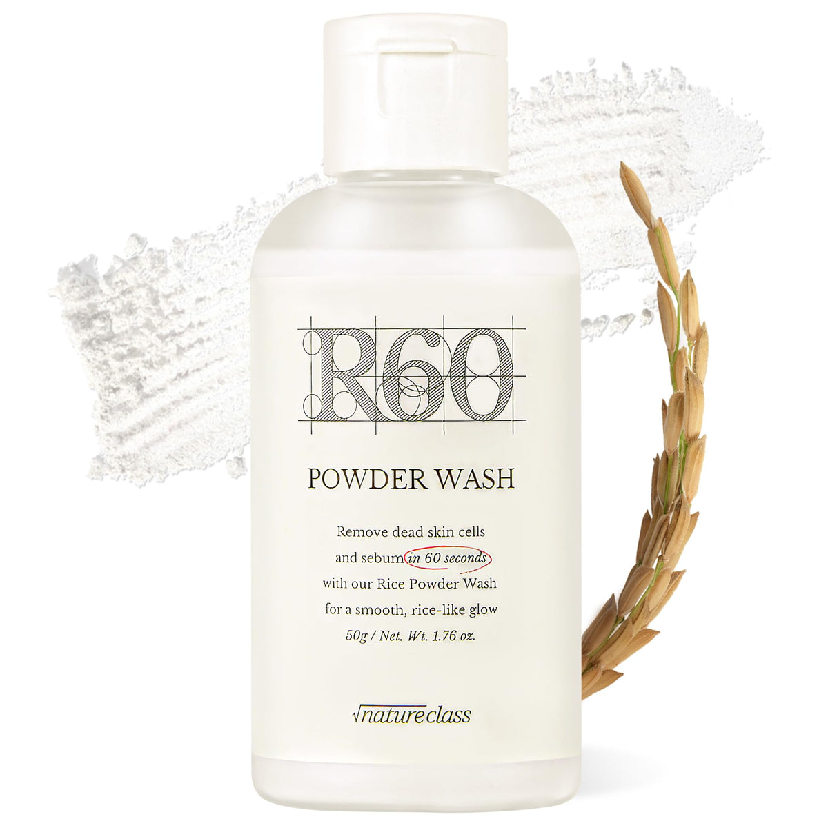 NATURECLASS R60 limpiador facial en polvo con arroz, ideal para piel sensible.