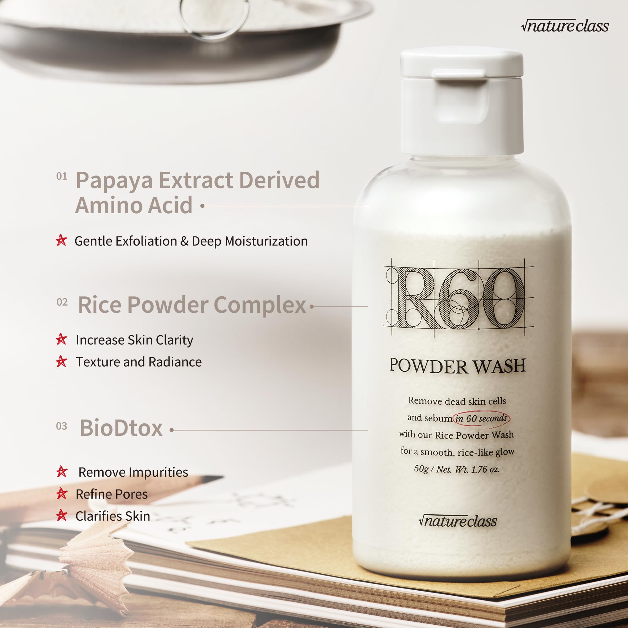 NATURECLASS R60 sistema de dos polvos crea espuma suave al enjuagar.