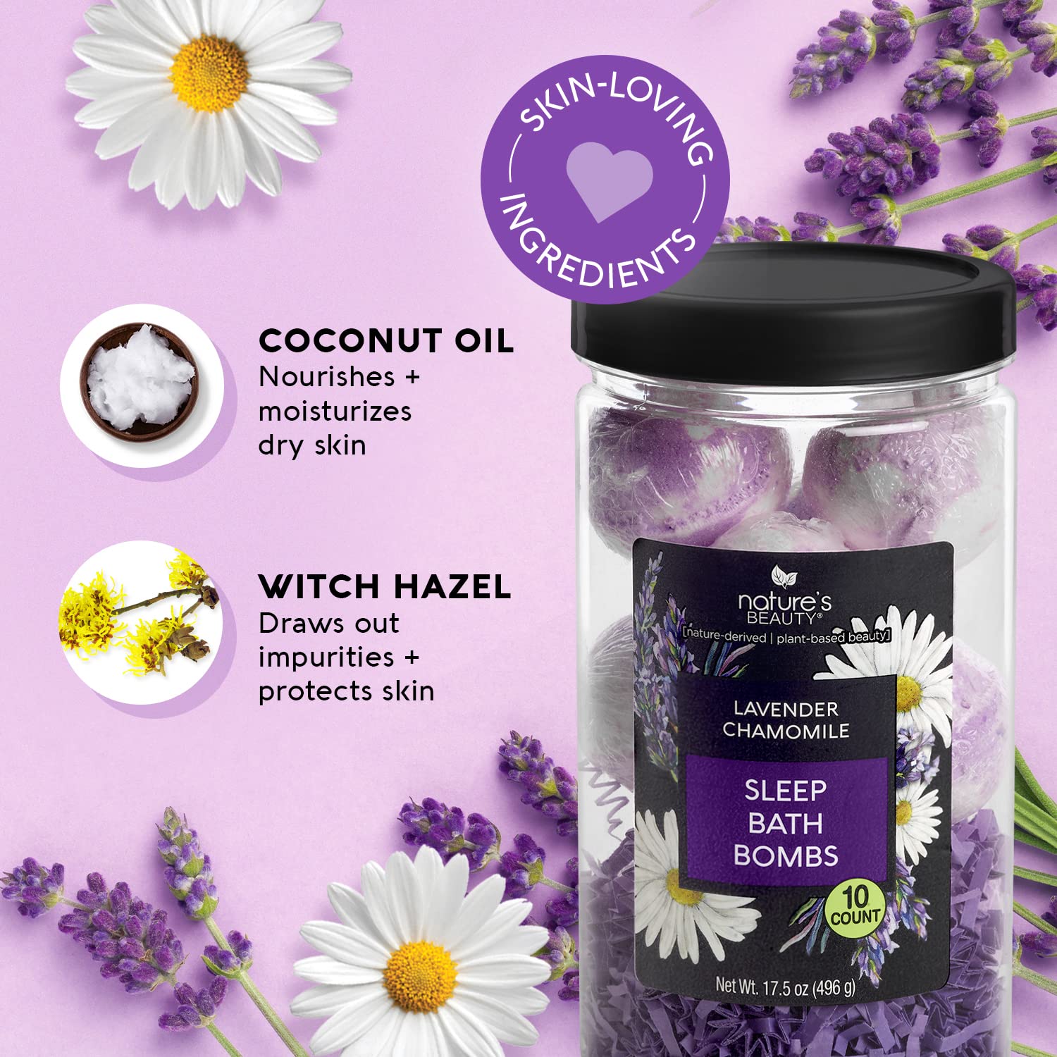Nature's Beauty bomba de baño con aceite de coco para hidratación suave.