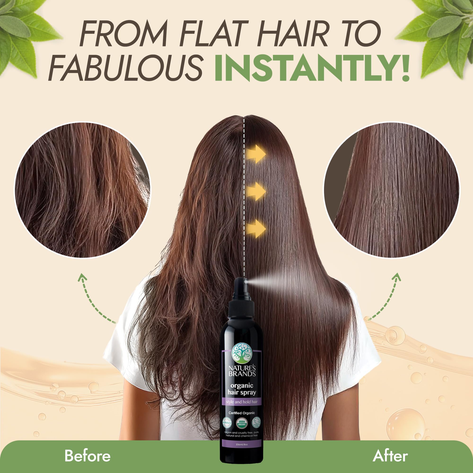 Nature's Brands Spray Orgánico 8oz, aplicación diaria para peinados fáciles.
