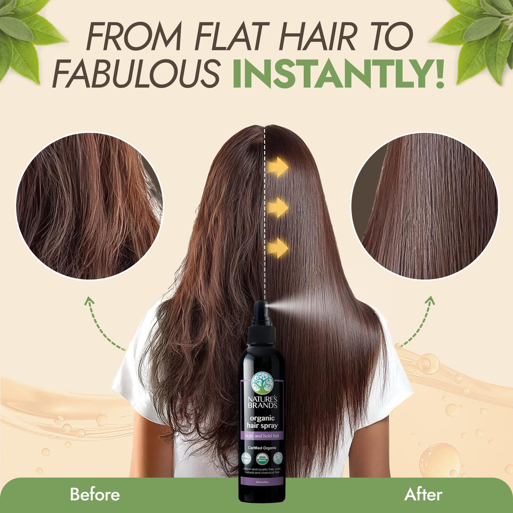 Nature's Brands Spray Orgánico 8oz, aplicación diaria para peinados fáciles.