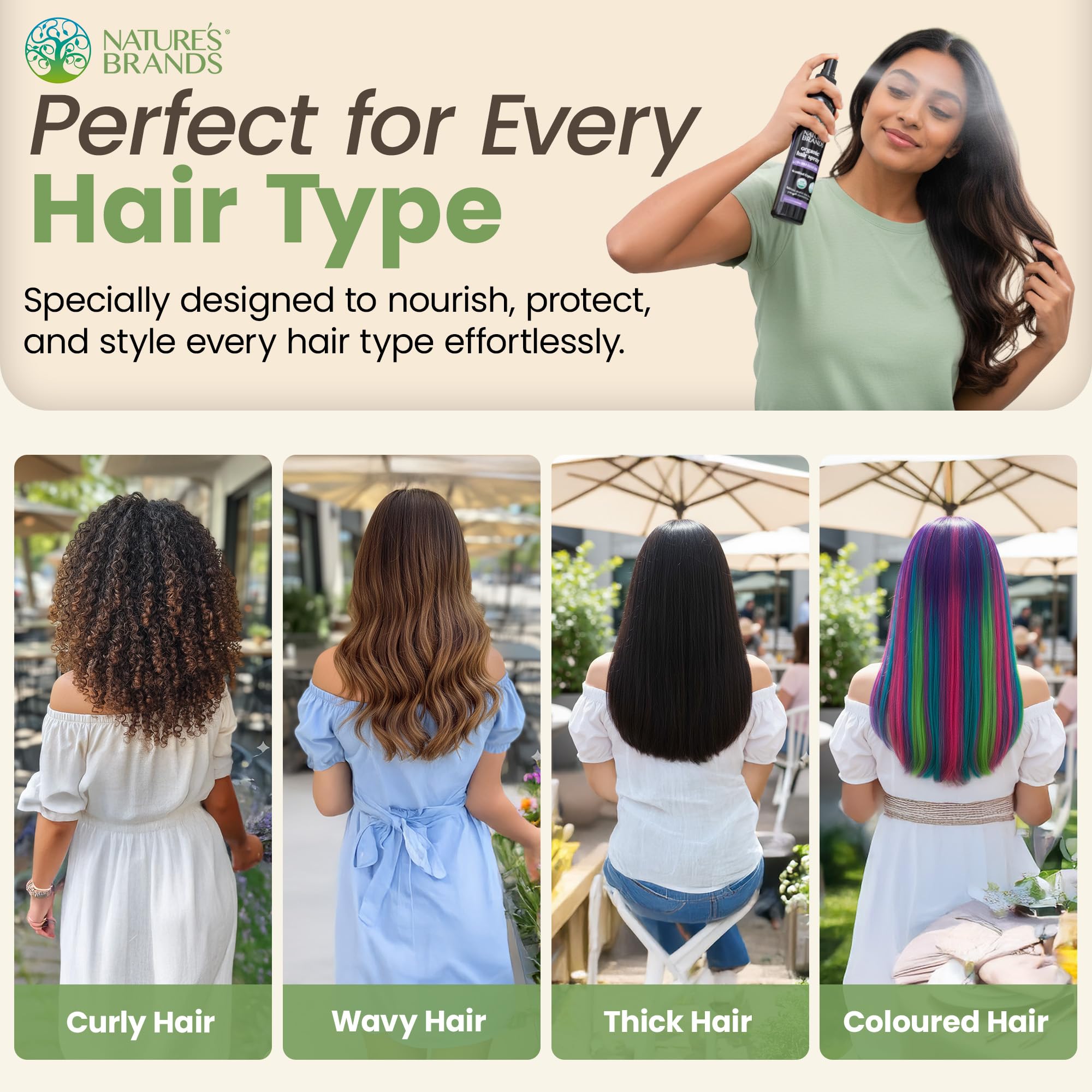 Nature's Brands Spray Orgánico: control del frizz y brillo suave.