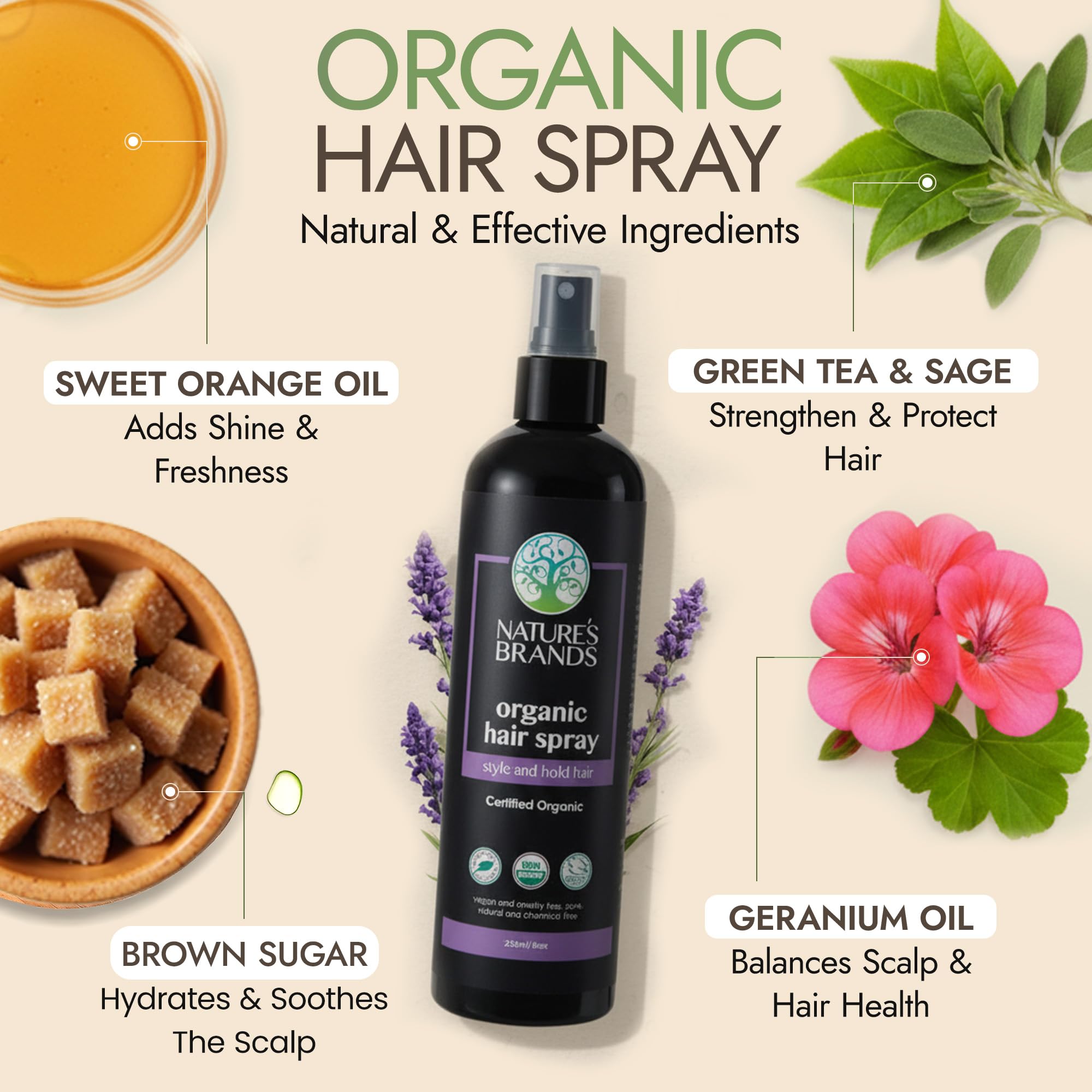 Nature's Brands Spray Orgánico 8oz, etiqueta USDA visible, resultado natural.