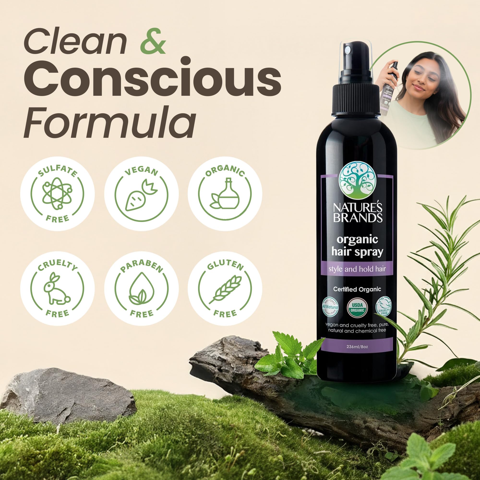 Nature's Brands Spray Orgánico 8oz: ingredientes té verde, salvia y geranio para aroma herbal.