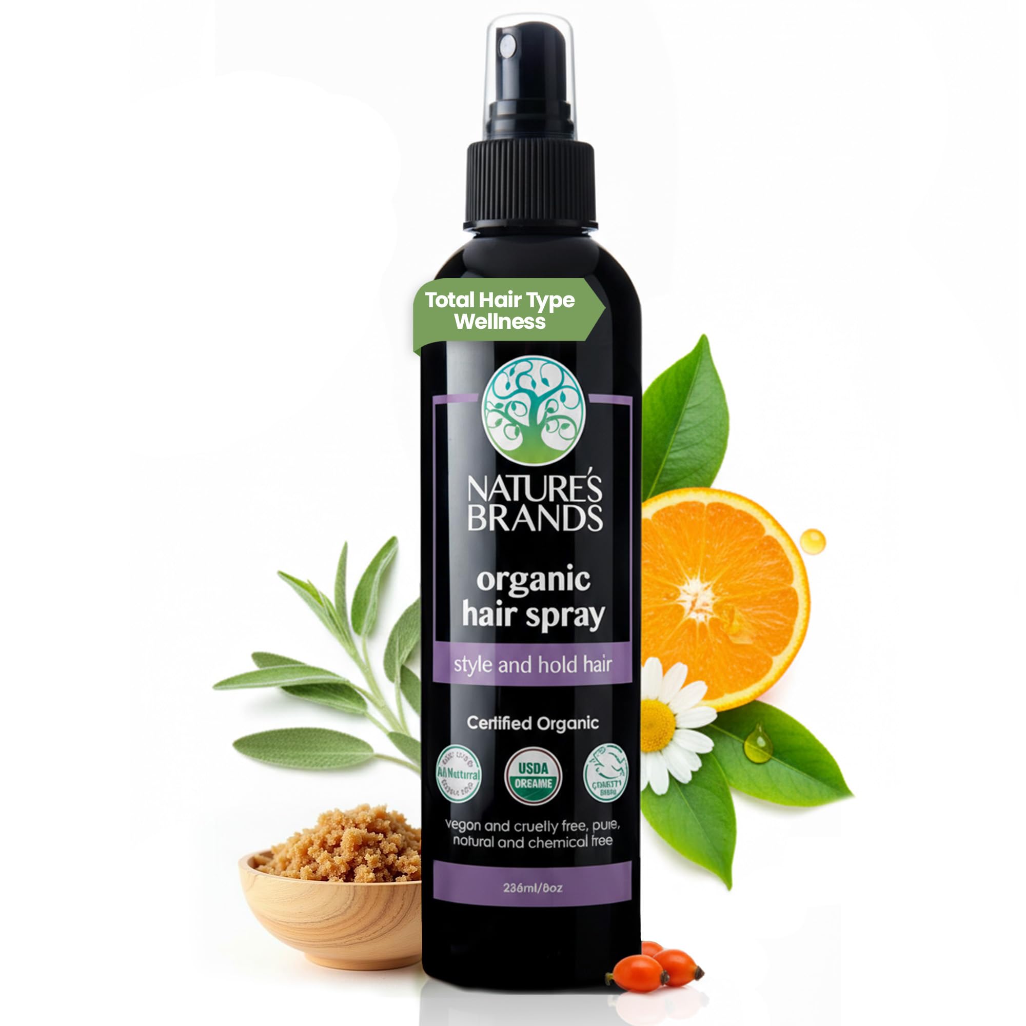 Nature's Brands Spray Cabello Orgánico 8oz: botella con fijación duradera y aroma herbal.