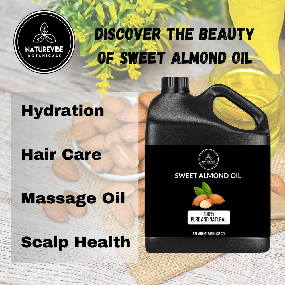 Naturevibe Botanicals aceite almendra dulce, rico en vitamina E para el cuidado diario.