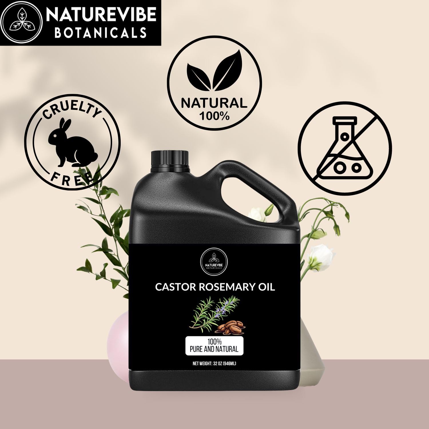 Naturevibe Botanicals Aceite de Ricino con Romero, etiqueta clara que resalta ingredientes puros