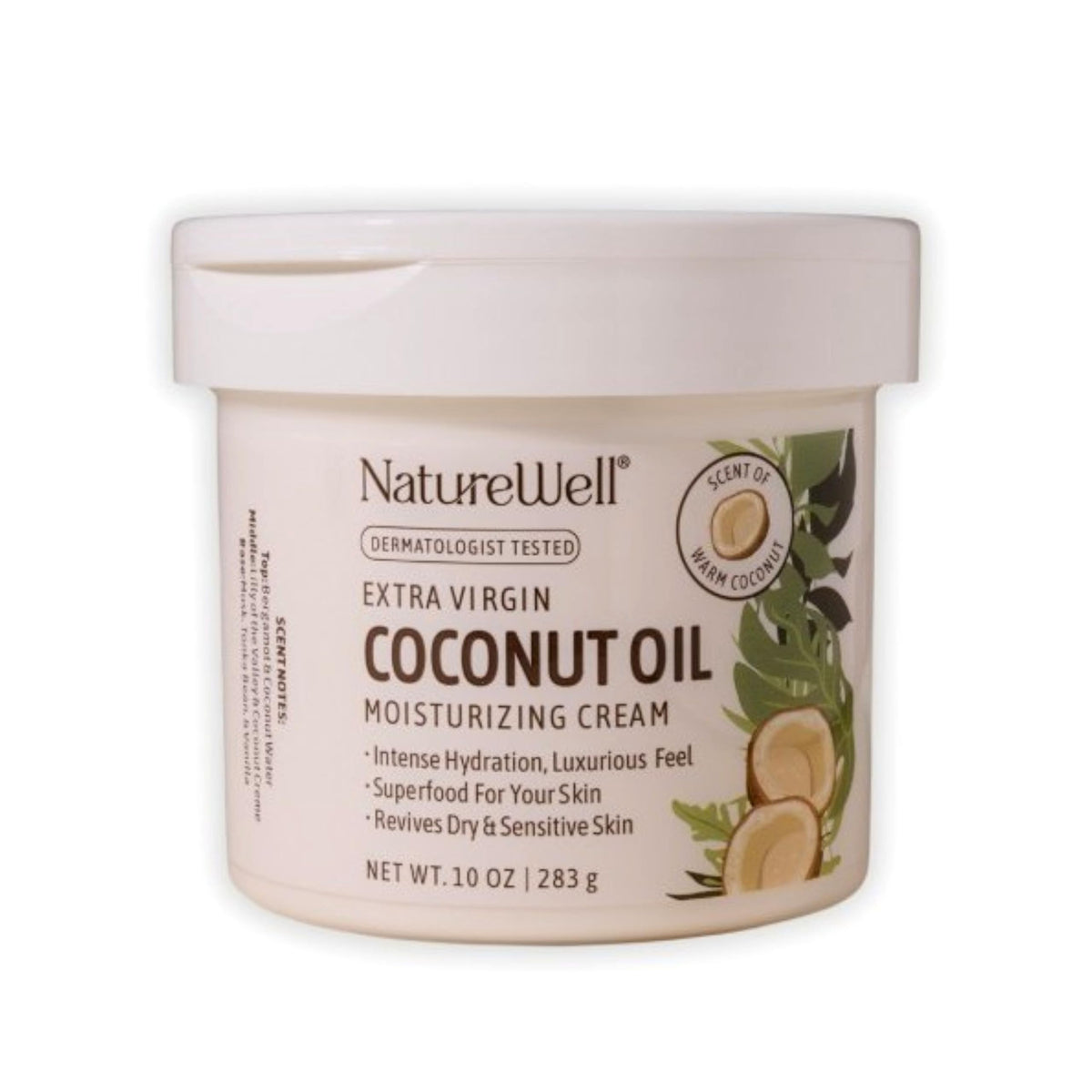 NatureWell crema coco hidratante en frasco para hidratación profunda del rostro y cuerpo.