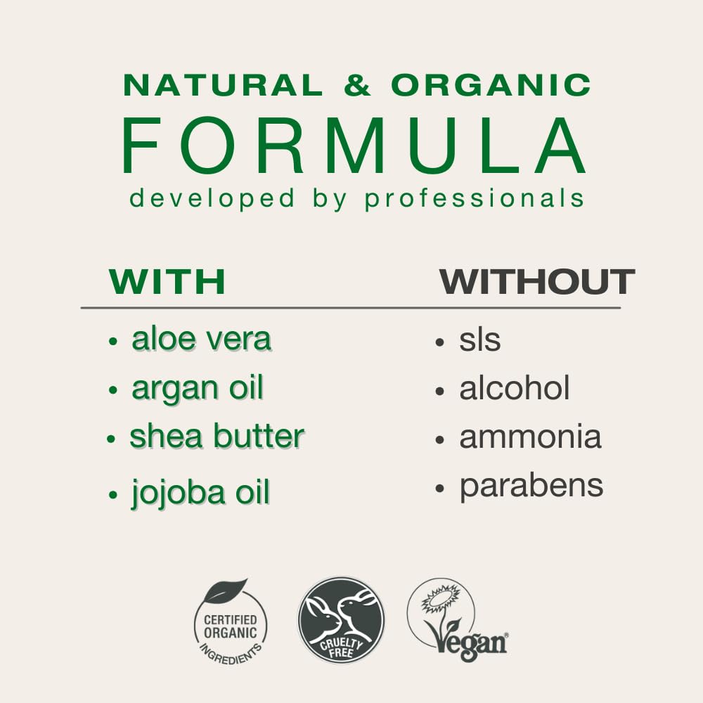 Ingredientes naturales: argán, aloe y manteca de karité para cuidado.