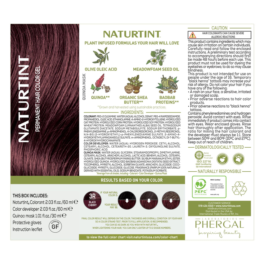 Naturtint 3R Cereza Negra nutrición capilar con ingredientes vegetales.