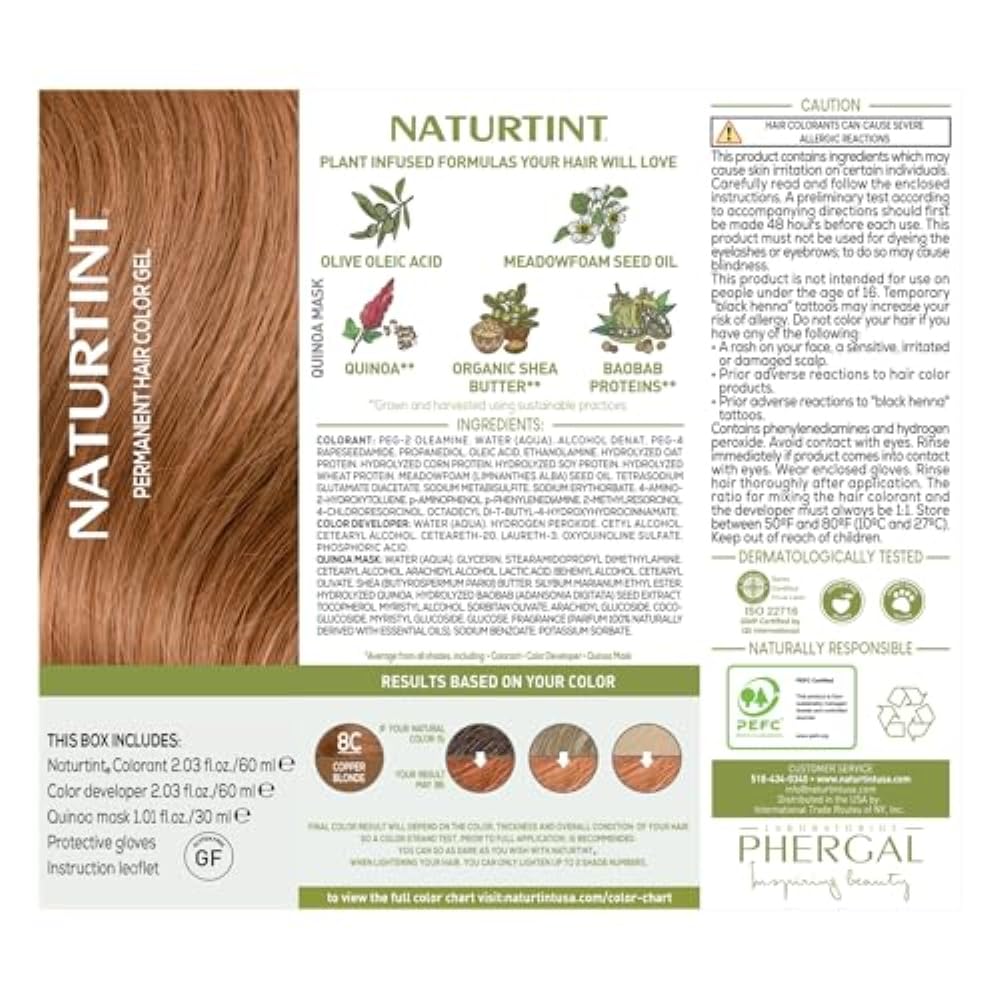 Naturtint 8C cobre rubio: nutrición capilar y color duradero.