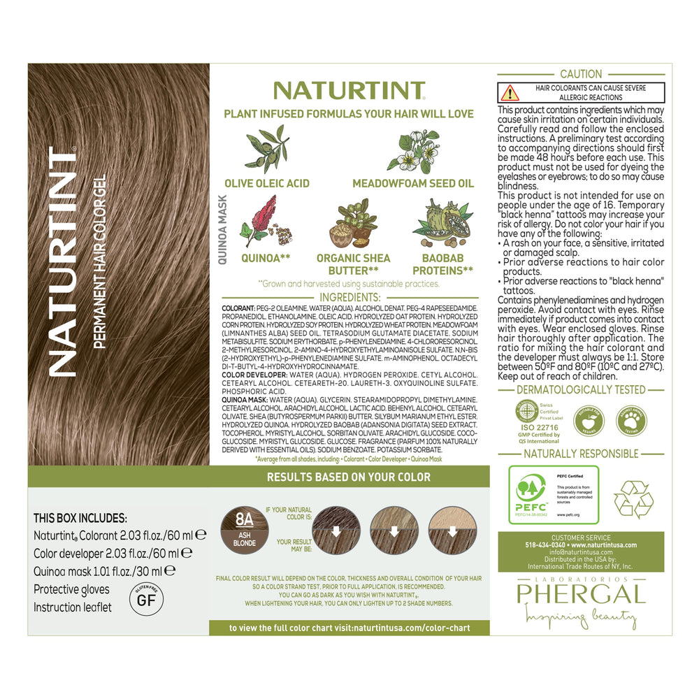 Naturtint 8A Rubio Ceniza: ingredientes de origen vegetal para cabello saludable.