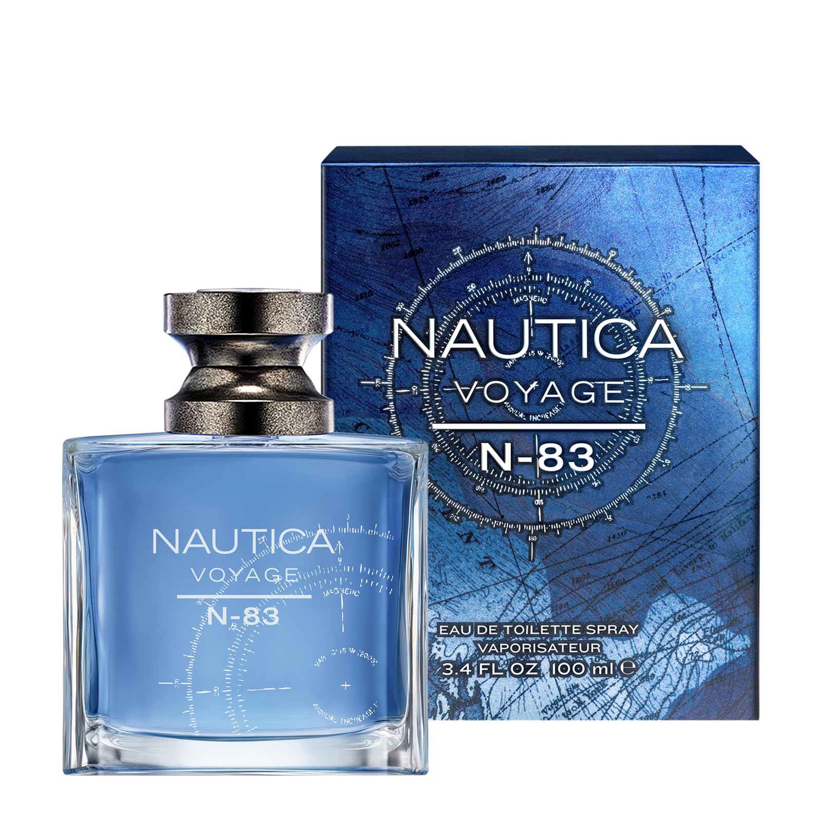 Nautica Voyage N83, notas aromáticas visibles en el frasco, evocando frescura marina