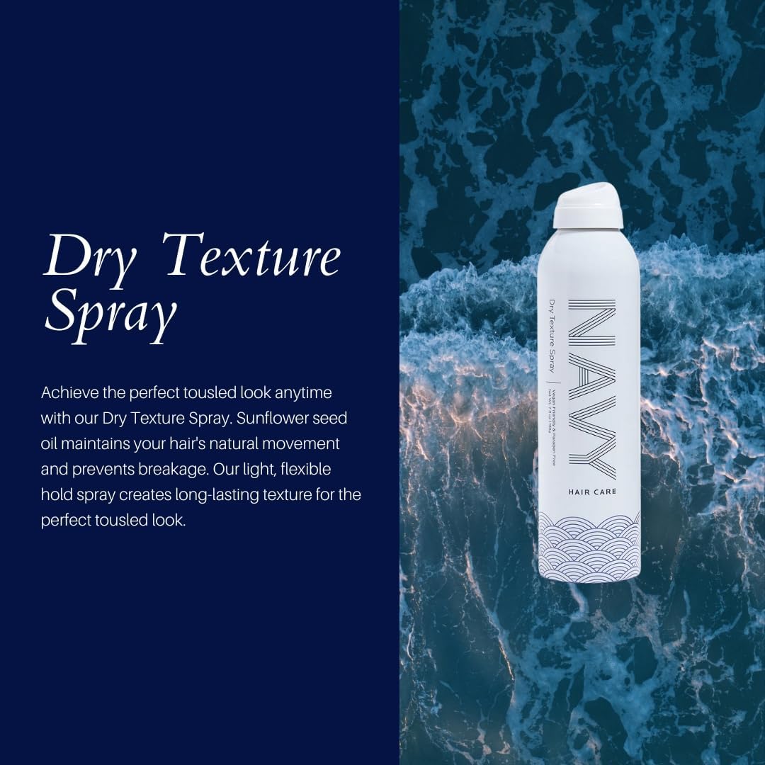 Navy Hair Care Dry Texture Spray con aceite de girasol para nutrición y fortalecimiento.