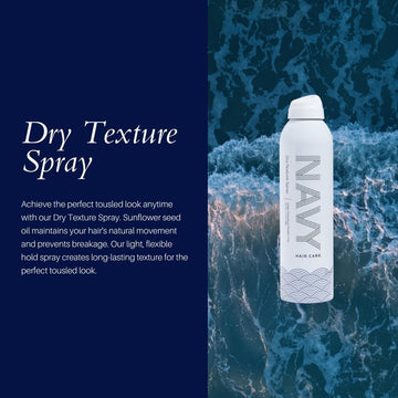 Navy Hair Care Dry Texture Spray con aceite de girasol para nutrición y fortalecimiento.