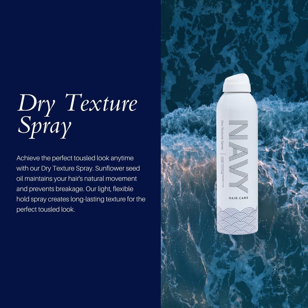 Navy Hair Care Dry Texture Spray con aceite de girasol para nutrición y fortalecimiento.
