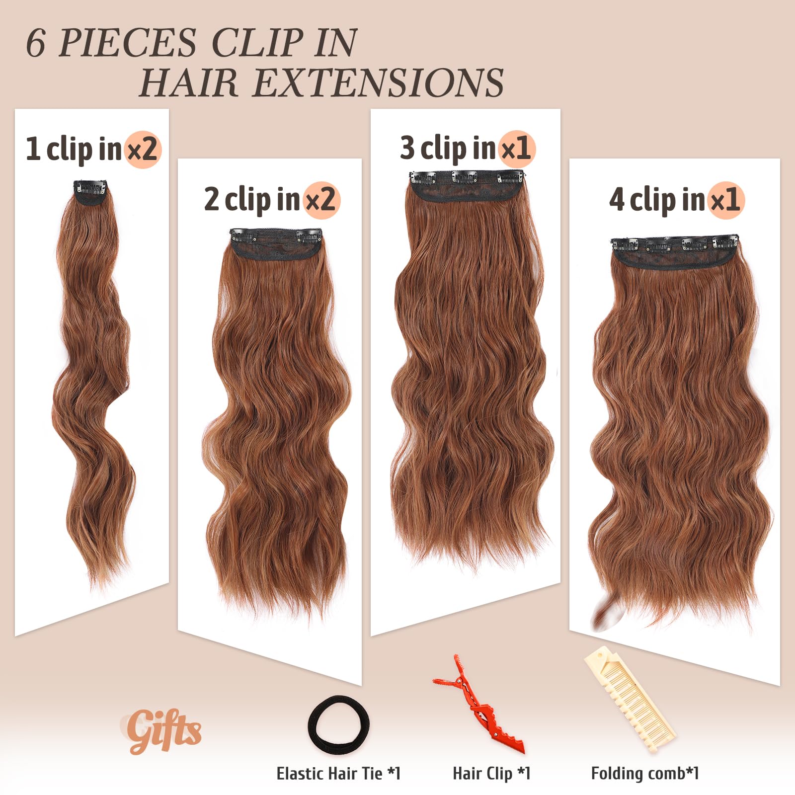 Extensiones Nayoo con broches, 20 pulgadas, rizado cobrizo, ideal para volumen sin dañar.