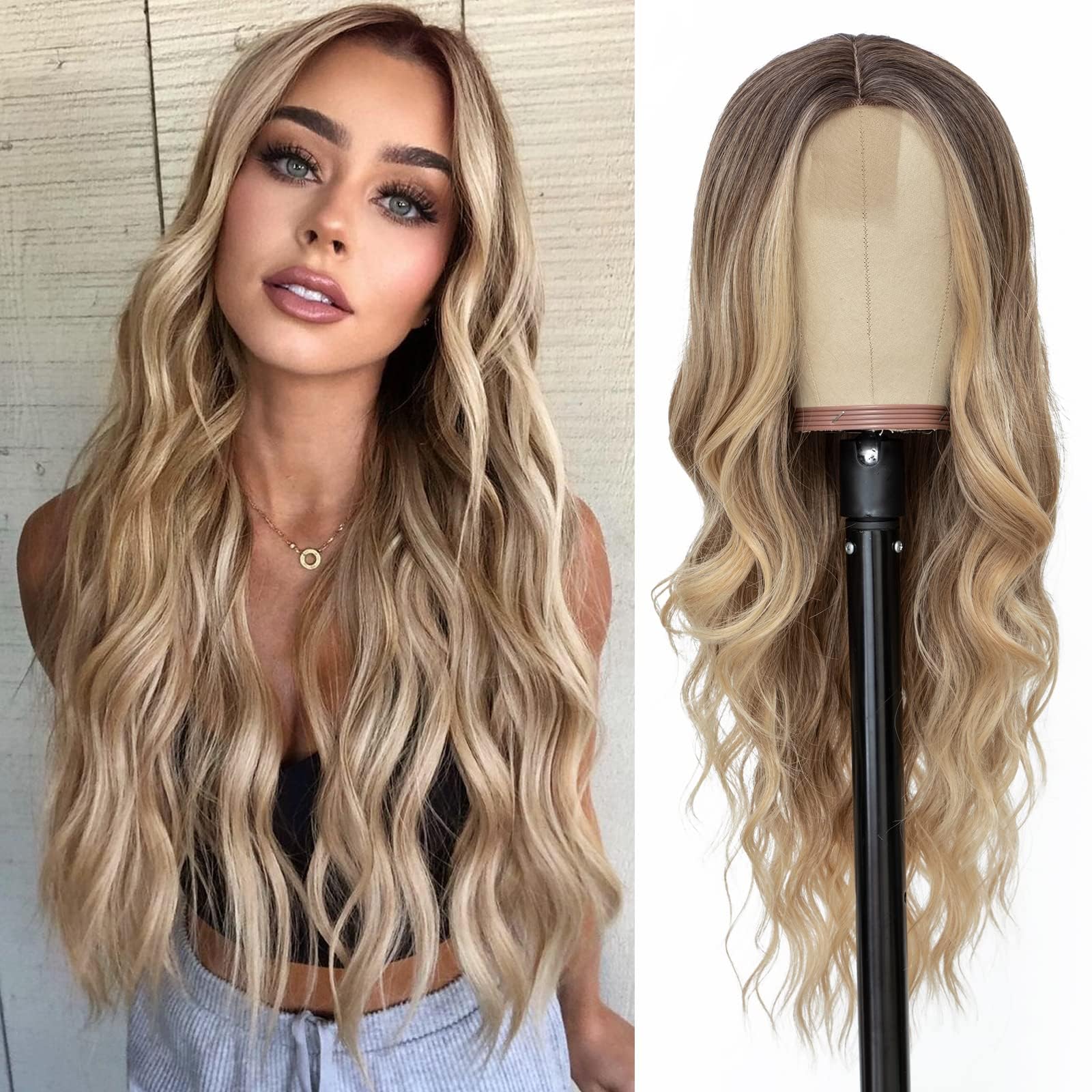 NAYOO Peluca larga ombre blonde, rizos suaves y parte media para un look natural.