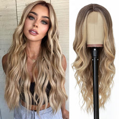 NAYOO Peluca larga ombre blonde, rizos suaves y parte media para un look natural.