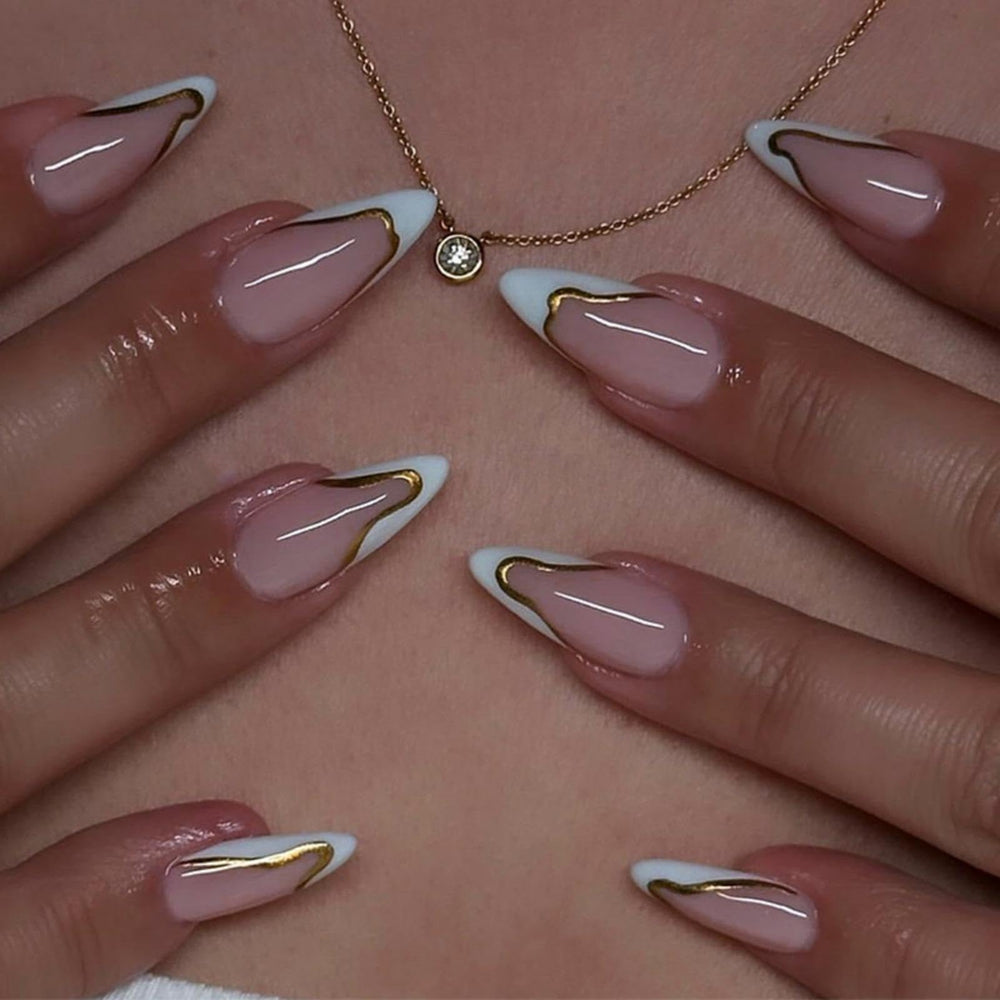 NBNTGH uñas francesas blanco con línea dorada, estilo diario y elegante.