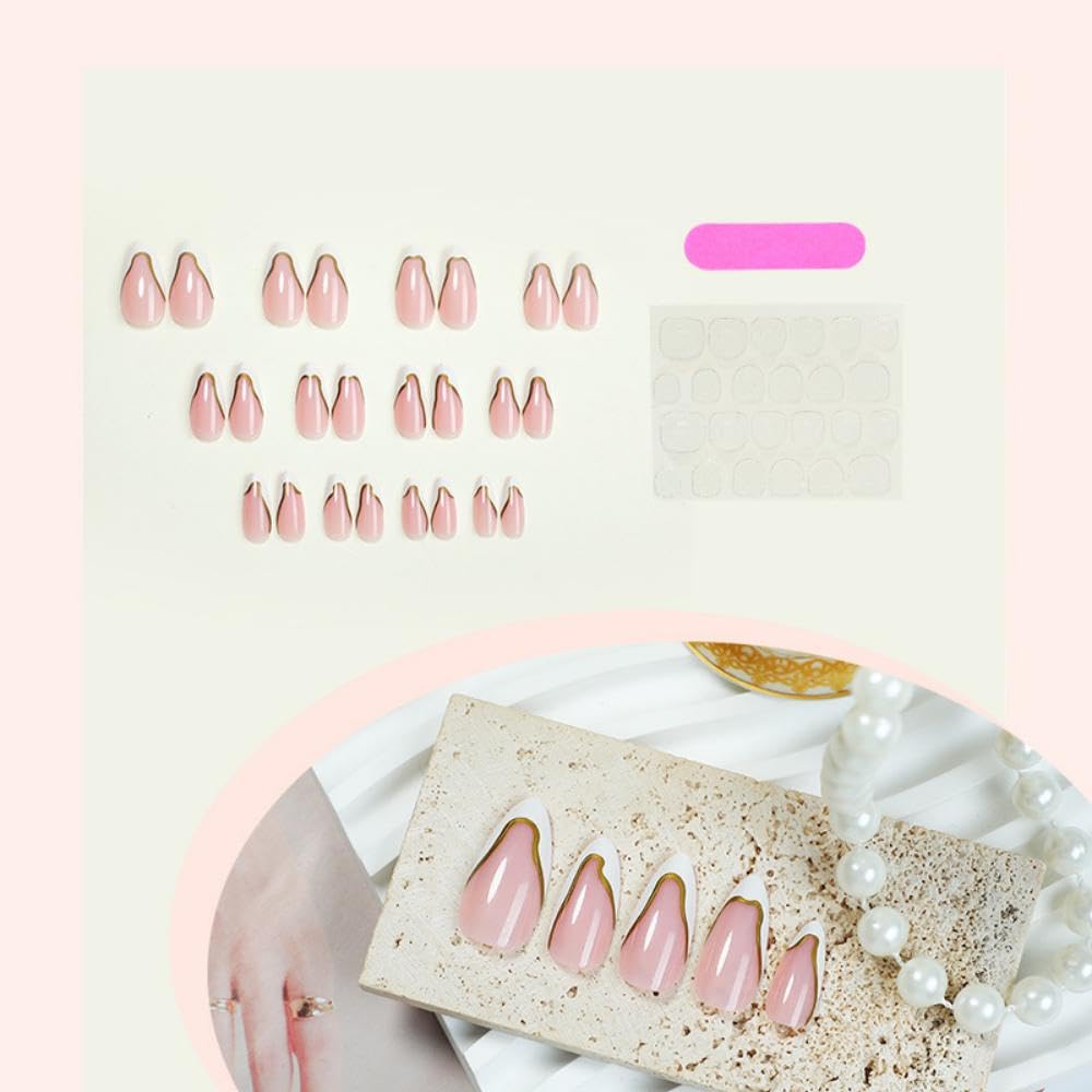 NBNTGH uñas francesas tono natural con línea dorada, ideal para celebraciones.