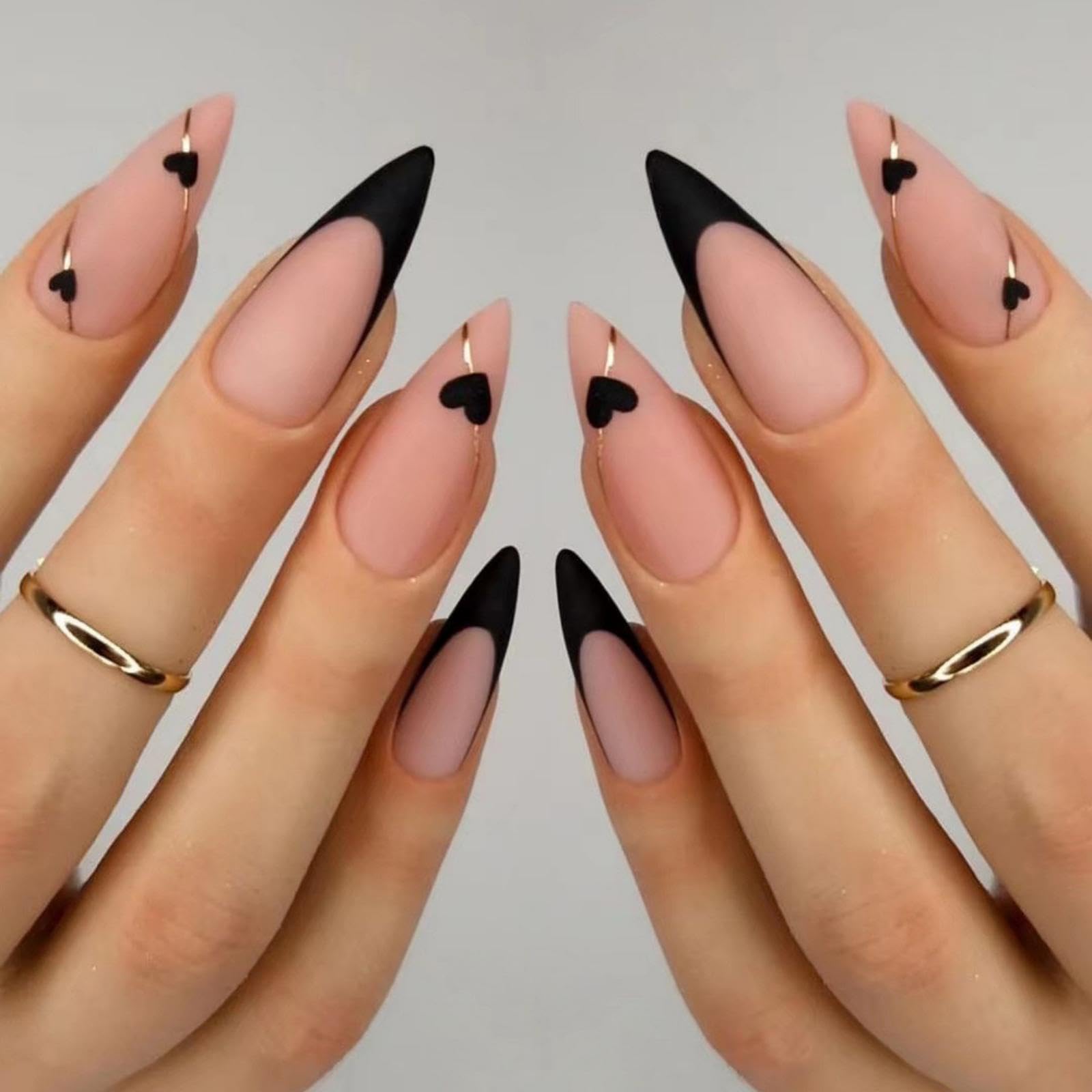 NBNTGH uñas postizas almendra frances negro con corazon dorado, ideales para eventos