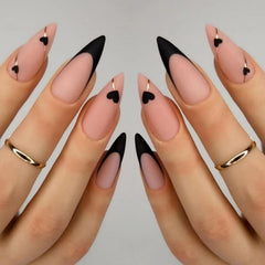 NBNTGH uñas postizas almendra frances negro con corazon dorado, ideales para eventos