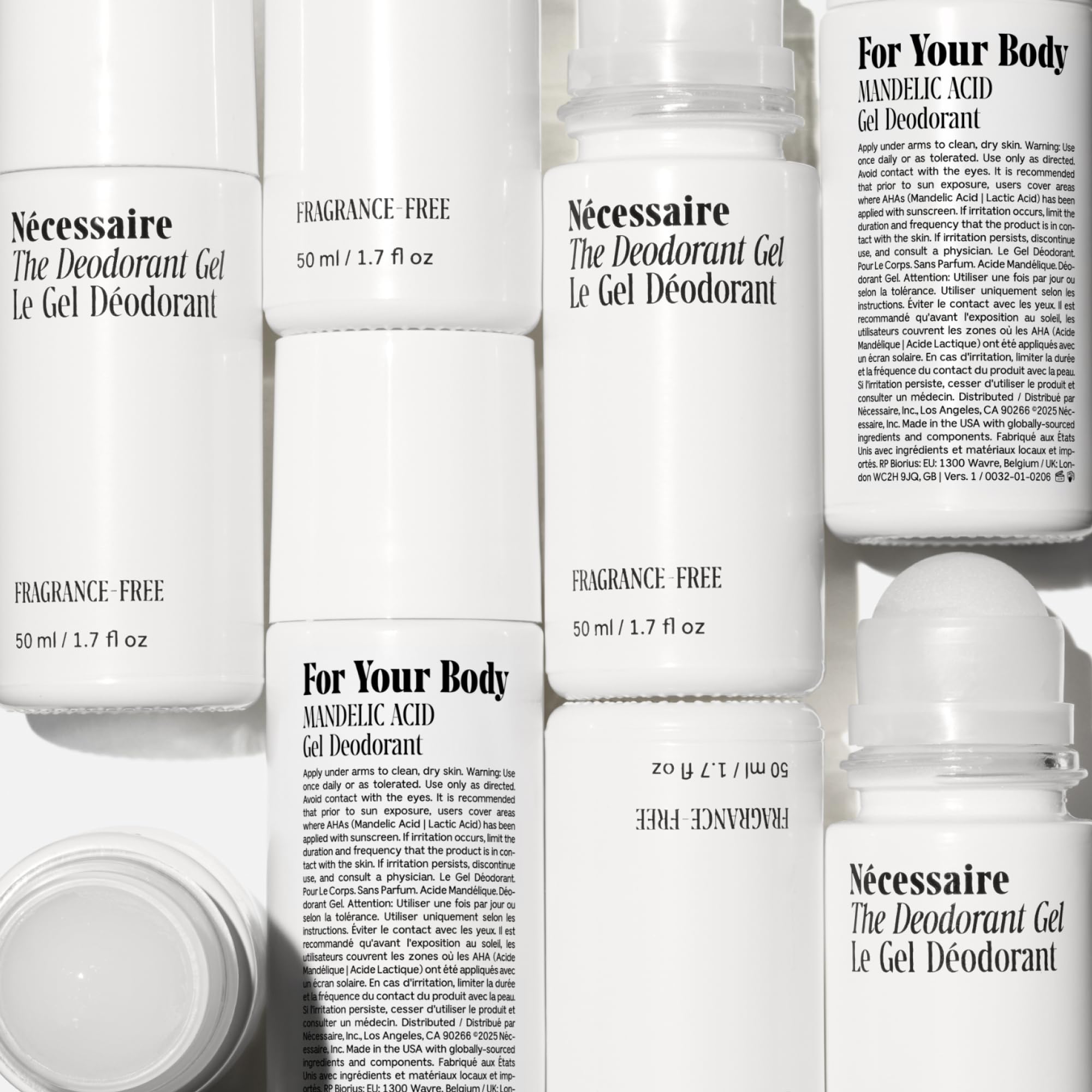 Nécessaire Deodorant Gel label close-up highlighting mandelic acid and vitamins.