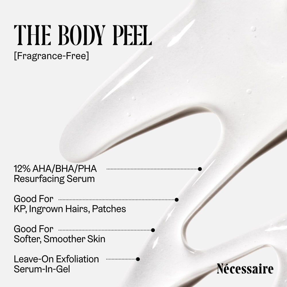 Nécessaire exfoliante corporal, ingredientes clave AHA/BHA/PHA para renovación.